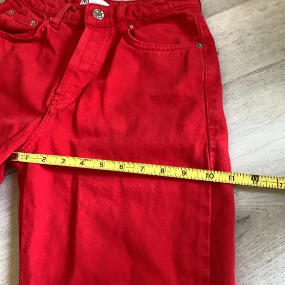Zara The 90's Full Length Jeans Red Size 4 buttons fly raw ham - Picture 12 of 16